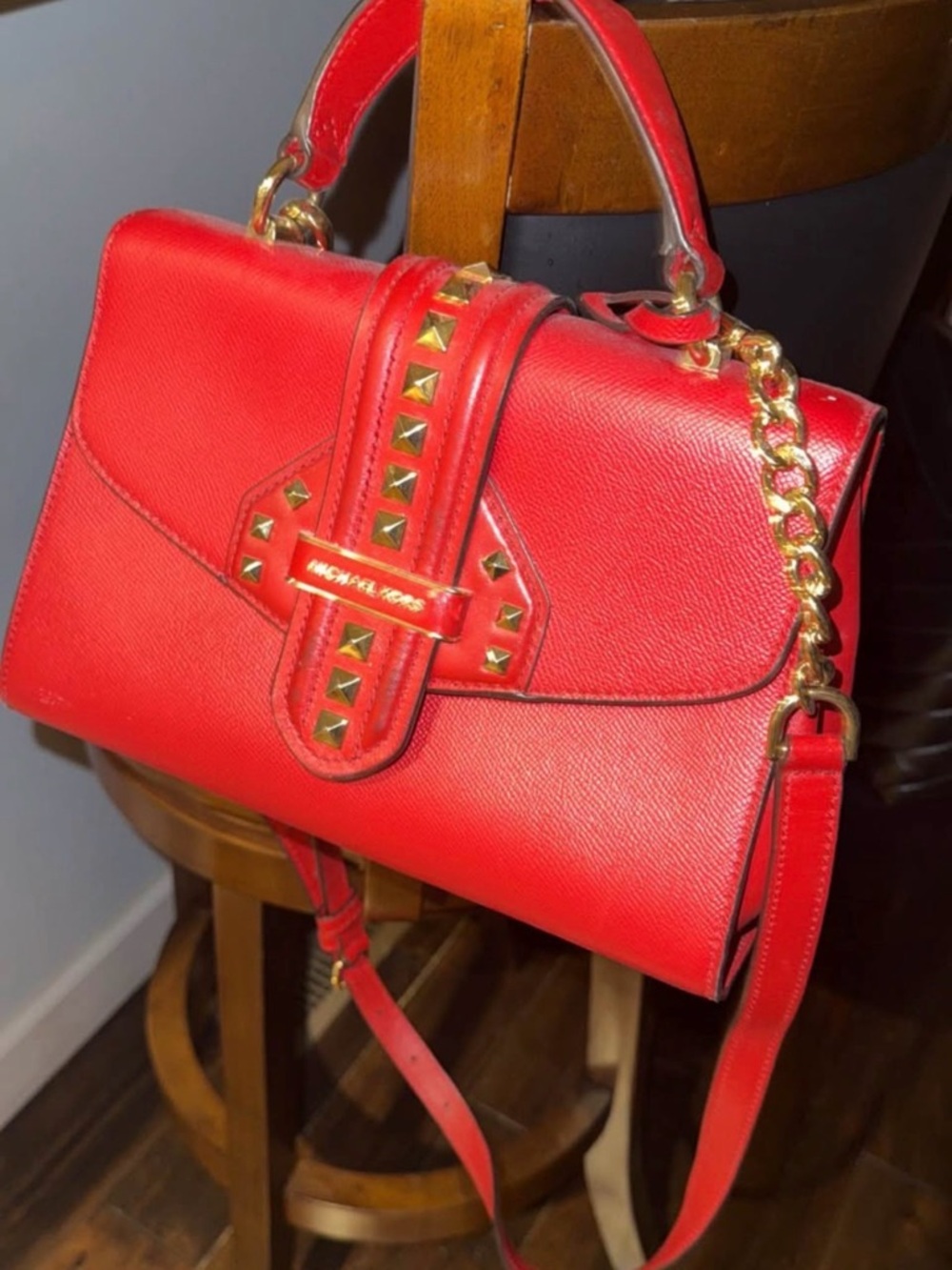 Michael Kors Red Saffiano Leather Stud-Accent Top-Handle Satchel